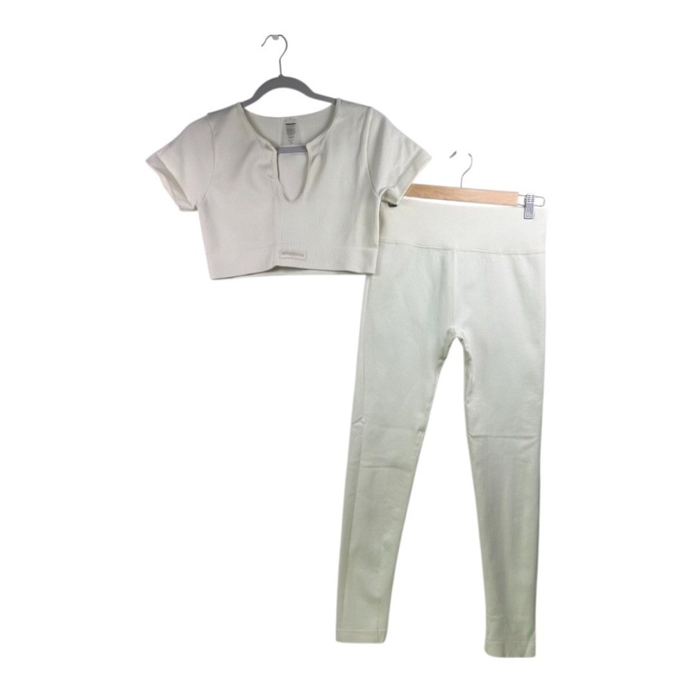 Nova Sport Ribbed White 2-Piece Active Set Top & Leggings Size L Excellent
